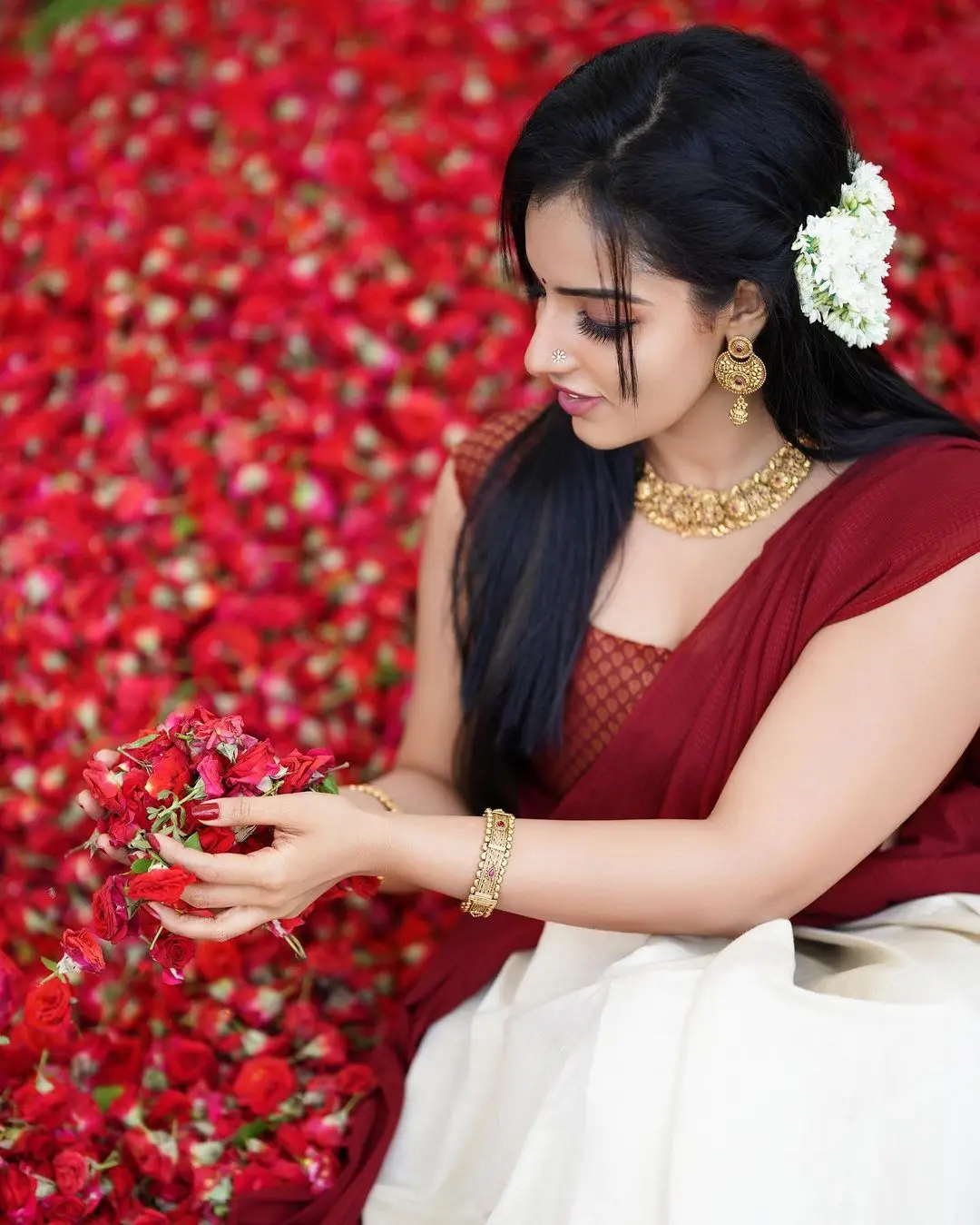 Malavika Menon In South Indian Traditional Red Half Saree Voni Blouse